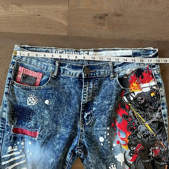 Reason Mens Blue Legend Born Graphic Paint Splatter Patch Straight Jeans Size 36 - Picture 9 of 12